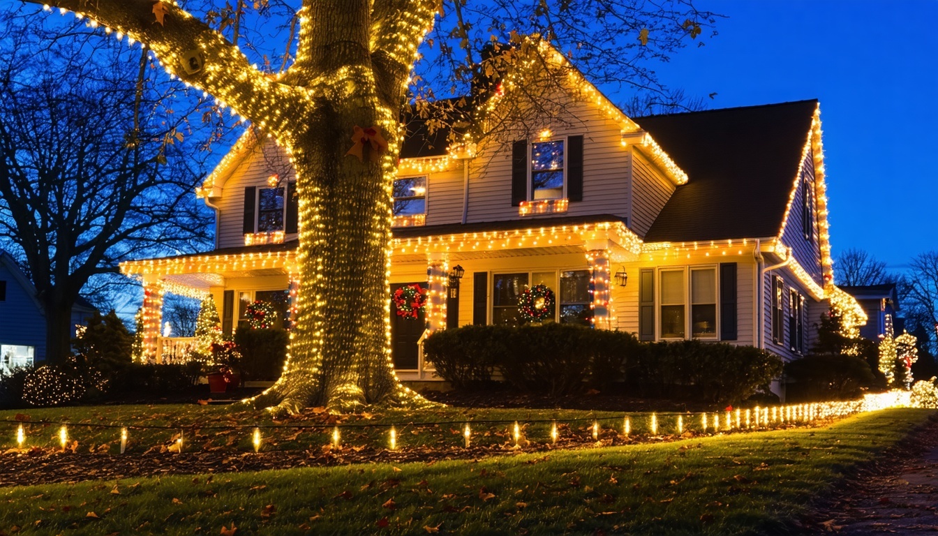 Residential holiday lighting installation on a home