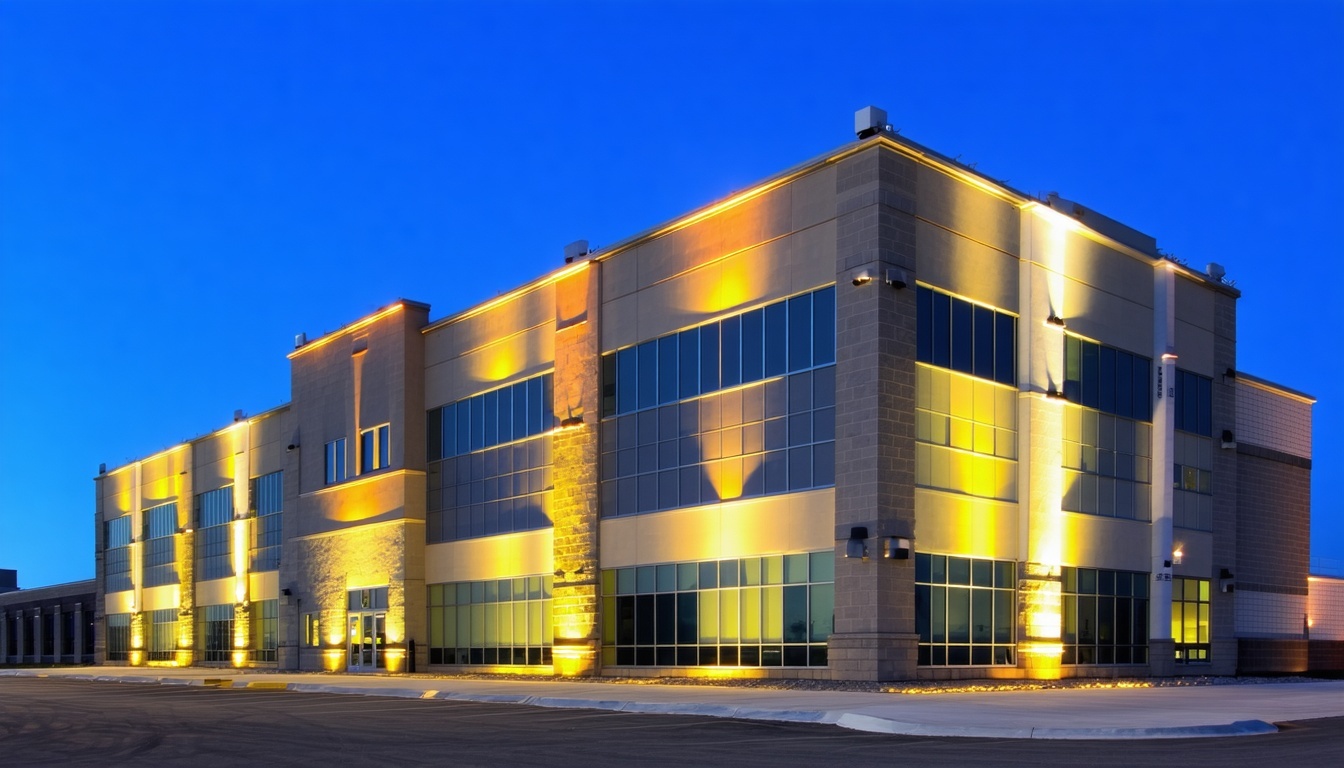 Commercial building with permanent exterior lights